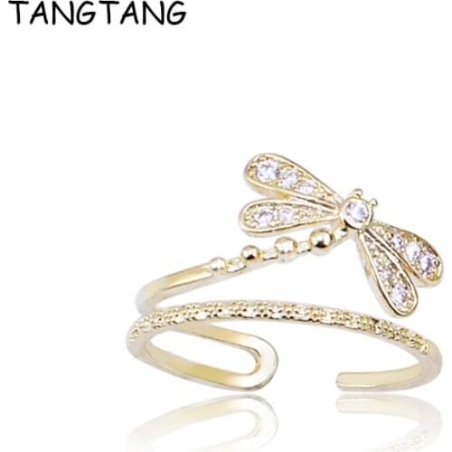 TANGTANG Rings For Women Gold Ring Dragonfly Adjustable Rings Female Engagement Ring Cute Jewelry Fashion Cubic Zircon Crystal