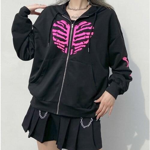 Skull Heart print goth hoodie E-girl grunge winter street Kawaii women sweetshirts warm Harajuku Fashion Casual Oversized hoodie