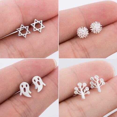 2021 Korean Hexagram Ballet Earrings for Women Minimalist Jewelry Mini Ghost Tree Fish Stud Earring Girls Hallowmas oorbellen
