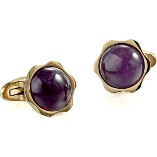 Purple Amethyst stone Sunflower Flower Stainless steel 316L 18K Gold Plating Cufflinks for Tuxedo Business Formal Shirts