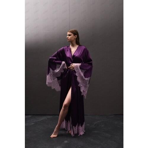 Two Piece Lace Trim Sexy Wedding Lady Robe Satin Bride Bridesmaid Kimono Bathrobe Gown Mini Sleepwear Rayon Intimate Lingerie