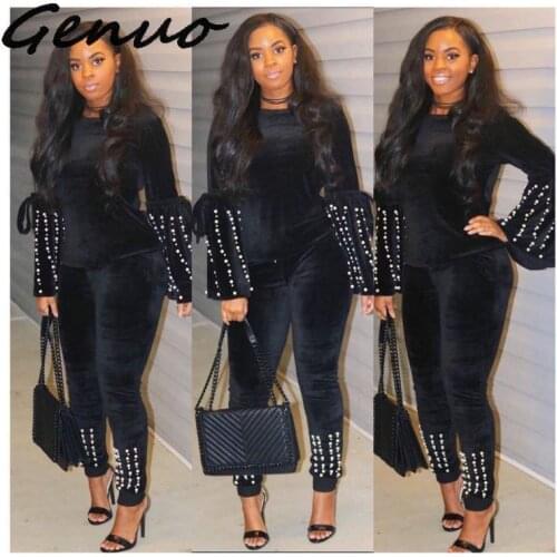 Genuo Winter Velvet Women Black Pearl Beading Flare Long Sleeve O-neck Sweatshirts Top Skinny Leggings Two Piece Sets Tracksuits