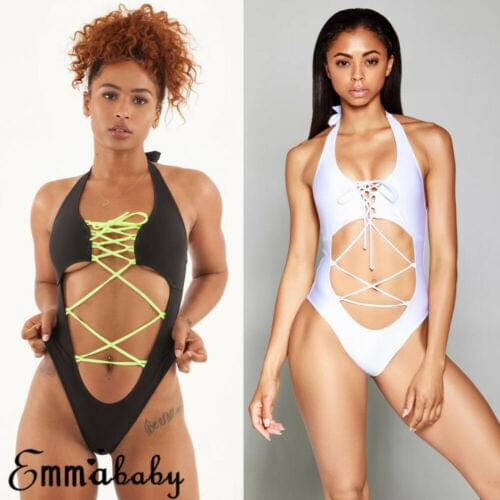Women Summer Swimming One Piece Suit Push Up Padded Bikini Ladies Sexy Patchwork Bandage Halter Swimsuit Swimwear Beachwear