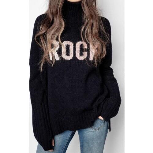 Women Letters Turtneleck Knitted Sweater 2021 Autumn Winter Ladies Long Sleeve Jumper Knitwear Female Pullover Tops