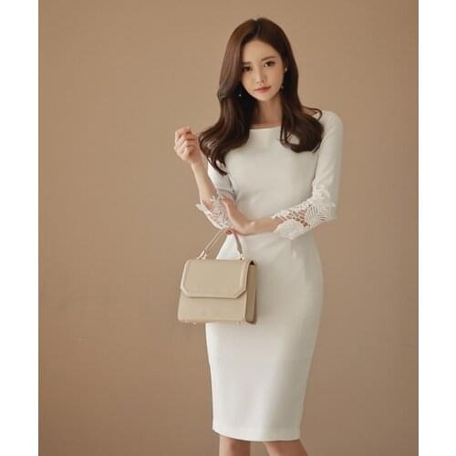 Women Patchwork White Lace Dress Spring 2021 Solid Long Sleeves Vintage Sexy Bandage Bodycon Dresses Celebrity Vestidos De Festa