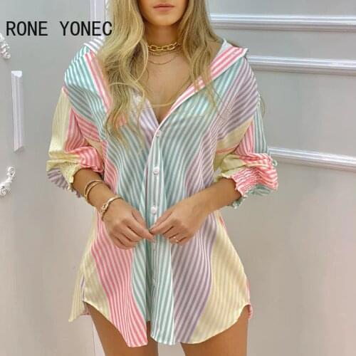 Women Color Striped Button Front Blouse Dress Casual Vacation Dress 2021