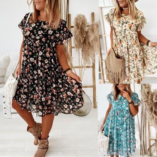 Womens Dress Floral Print Summer Dress 2021 Casual Boho Short Sleeve Women Fashion Female Loos Ruffles Mini Dresses Robe Femme