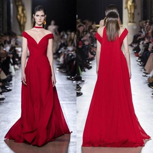 Elegant Evening Dresses Off The Shoulder A Line Ruffles Sweep Train Red Prom Dress 2020 Vestidos De Novia Sparkly Gowns