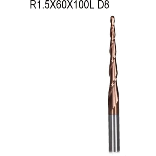 1pc R1.5*D8*60*100L*2F HRC55 Tungsten solid carbide Coated Tapered Ball Nose End Mills cone milling cutter wood knife tools