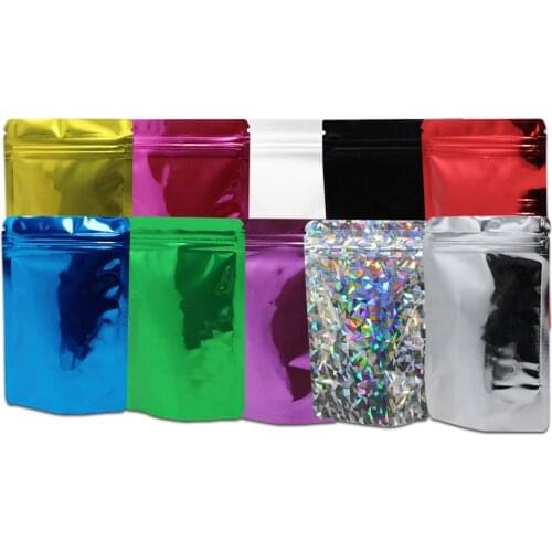 100Pcs/Lot Glossy Mylar Foil Stand Up Bag Zip Lock Self Seal Tear Notch Resealable Doypack Food Candy Tea Storage Pack Pouches