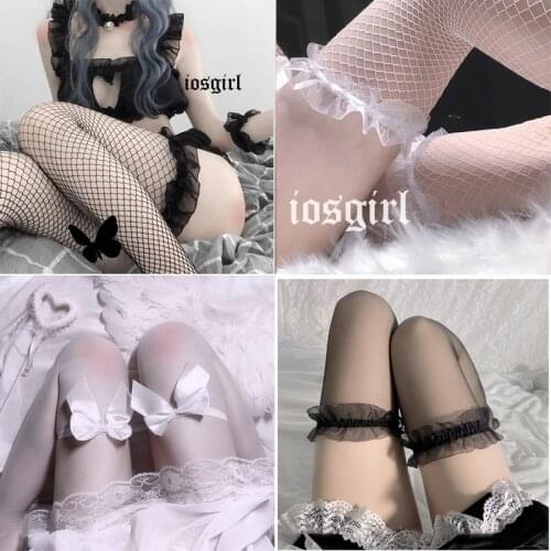 Women Sexy Stockings Lace Top Thigh High Stockings Over The Knee Socks Fishnet Transparent Hosiery Lolita Socks Bow Stockings