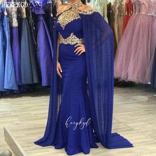 Royal Blue Long Middle East Arabic Evening Dress With Cloak Gold Lace Chiffon Mermaid Formal Dresses Plus Size Women Prom Gowns
