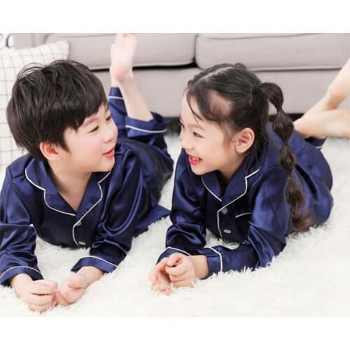 Girls' long-sleeved silk pajamas boys autumn pajamas set silk satin pajamas pajamas set 10 years old