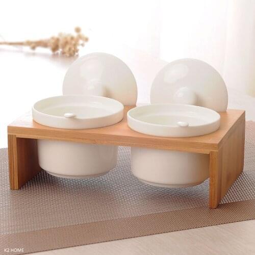 Kitchen Set of 2 Ceramic Condiment Serving Pots Durable Spice Jar with Lid Spoon Tray Seasoning Storage Container Condiment Jars