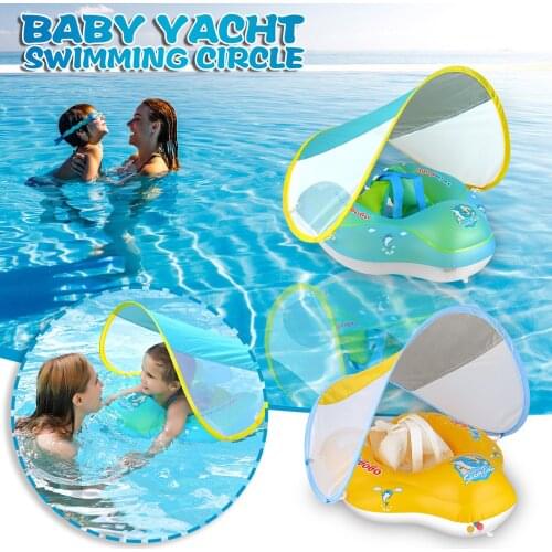 Cartoons Inflatable Baby Lying Ring Swimming Float for Pool With Removable Sun Protection Canopy Bathing Summer Toddler Rings E2