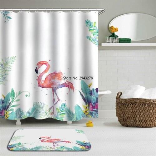 2Pcs/Set Flamingo Shower Curtain Mat Set Printed Waterproof Bathroom Cloth With Non-slip Floor Toilet Bath Curtain Set