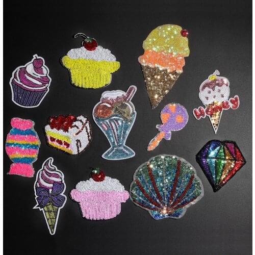 2019 New Ice Cream Sequins Patches Iron On Cartoon Food Cake Appliques 3D Diy Fun Kawaii Mouse Badges for kid Clothes Decor