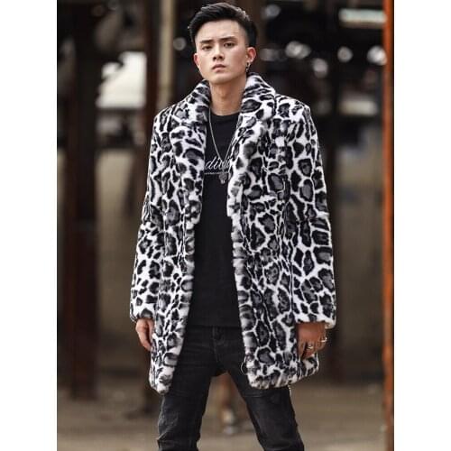 2019 Winter New Mens Rabbit Fur Coat Fashion Long Outwear Leopard Print Fur Coat Suit Collar Full Pelt Rabbit Fur Jacket