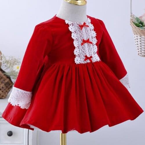 New year Christmas baby girl red Lolita dress kids casual birthday party lace stitching Spanish ball gown dress
