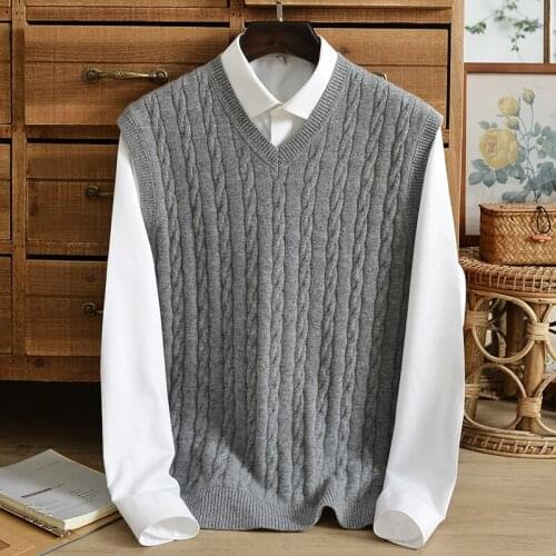 Autumn and winter 100 cashmere sweater mens V-neck middle-aged dad pure color casual jacquard vest thin vest bottoming sweater