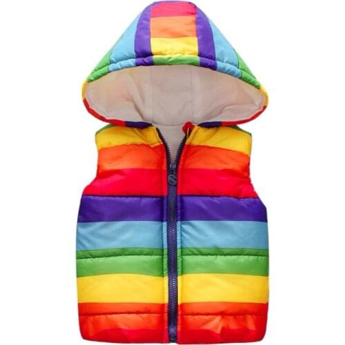 Casual Winter Rainbow Striped Kids Clothing Boy Vests Jacket Fashion Girl Hooded Waistcoat Baby Boys Vest Coats