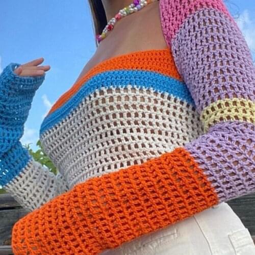 Retro Y2k Contrast Knitted Pullovers Women Autumn Winter Fashion Square Neck Crop Top Slim Long Sleeve Sweater Street Clubwear