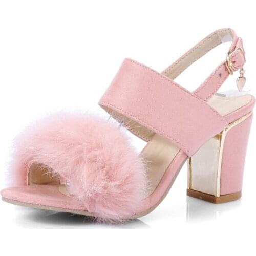 Big Size 11 12 13 high heels sandals women shoes woman summer ladies Rabbit fur square heel and shallow open toe buckle sandals