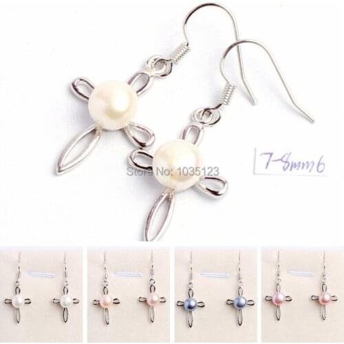 High Quality 7-8mm Natural 4 Color Freshwater Pearls Cross Shape Silver Color Fashion Earrings 1 Pair wj168