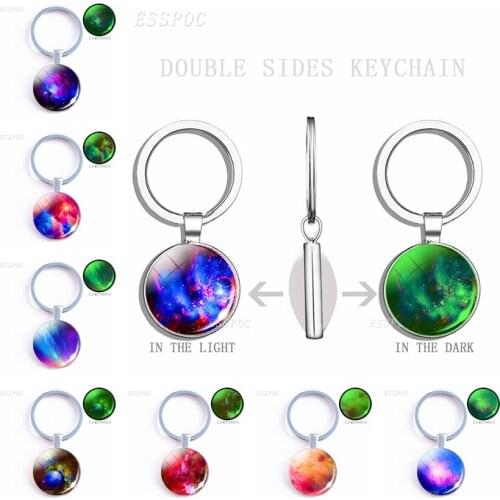 Luminous Colorful Nebula Double Keychain Fashion Outer Space Galaxy Glass Cabochon Jewelry Glow In The Dark Pendant Keyring Gift