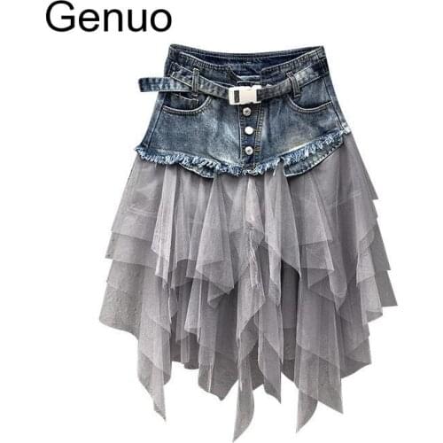 Womens Irregular Tulle Jeans Skirt Pleated High Waist Denim Summer Long Skirts Mesh Patchwork Pockets Mid-Calf Tassel With Belt