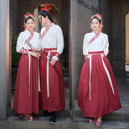 Hanfu Women Men Red Embroidery Dance Costumes Chinese Folk Fairy Dress Festival Outfit Stage Rave Performance Clothing DC3430