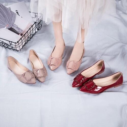 2020 Women Pointed Flats Pink Flat Shoes Women Sweet Flats Buckle Women Boat Shoes Slip On Ladies Loafers Spring U15-23