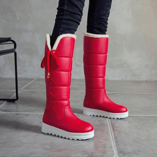 2021 New Women Boots Knee High Boots Height Increasing Fashion Round Toe Rubber Sole Woman Snow Boots Cross-tied Winter Black