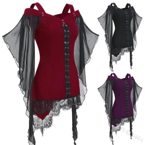 Goth Perspective Lace Sleeve Cosplay Costumes for Women Irregular Shirt Bandage Top Sexy Off Shoulder Stitch Shirt Plus Size 5Xl