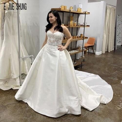 E JUE SHUNG Modern Satin Backless Wedding Dresses Sweetheart Sheer Lace Appliques With Button Bridal Gowns Vestios De Novia
