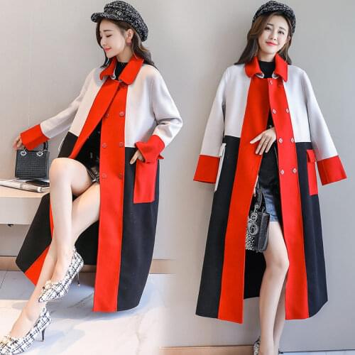 Color-Block Woolen Coat Womens 2020 New Spring Autumn Korean Fashion Loose Long Trench For Office Lady Outwear Elegant y435