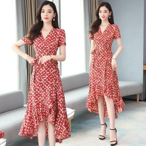 2021 Boho Red Print Chiffon Beach Midi Dresses Spring Summer Plus Size Vintage Runway Dress Elegant Women Bodycon Party Vestidos