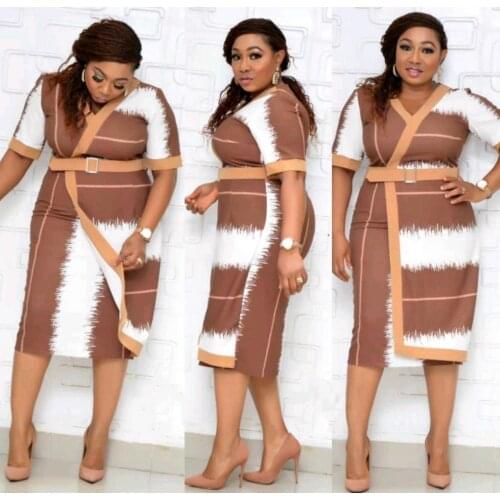 2020 Autumn African Women V-neck Short Sleeve Plus Size Knee-length Dress African Dresses for Women Plus Size Women Dress