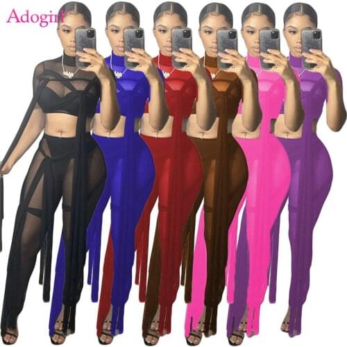 Adogirl Women Sexy Ribbon Lace Sheer Mesh Two Piece Set Short Sleeve Crop Top Pencil Pants Fashion Summer Night Club Suits