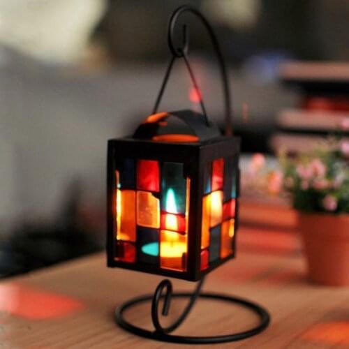 European Style Iron Crafts Hanging Candle Lamp Candlestick with Colorful Glaze Window Wedding Birthday Gift Ornaments Decor