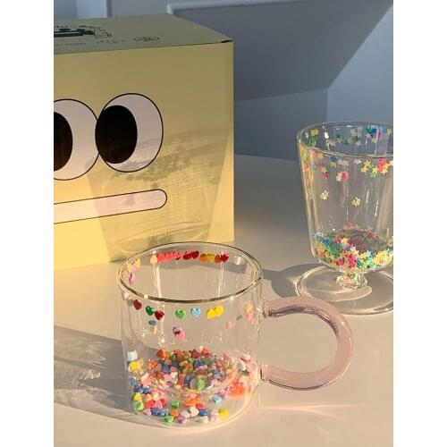 Korean Double Layer Love Quicksand Glass Cup Cute Girl Heart Creative Water Cup Transparent Juice Goblet