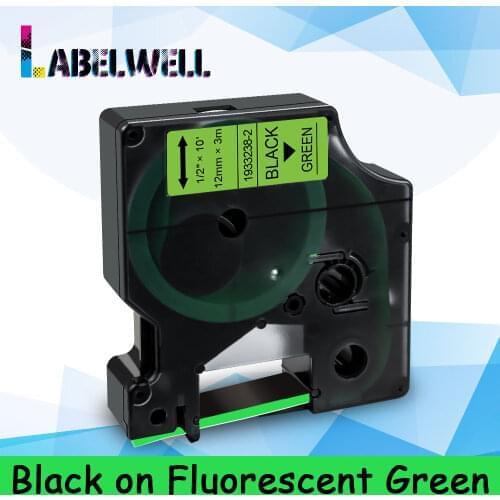 Labelwell Compatible for Dymo D1 1933238-2 Label tape 12mm Black on Fluorescent Green for Dymo LabelManager LM 160 280 LM 210D