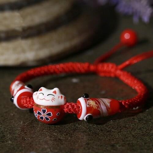 Bohemia Cute Lucky Cat Ceramic Beads Bracelet Carp Flags Red Rope Bangle Handmade Fashion Jewelry