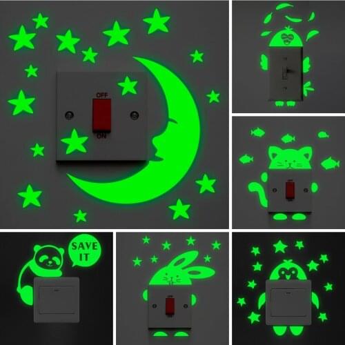 Cartoon Animals Luminous Switch Sticker Cat Fairy Moon Star Glow In The Dark Wall Stickers Home Decor Kids Room Decoration Decal