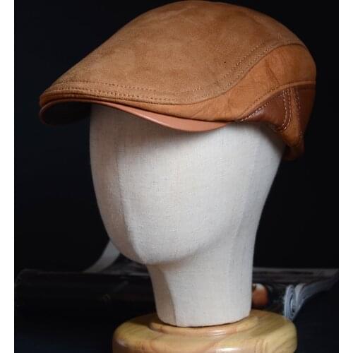 Mens 100% Real Leather Sheep Skin Casquette Amy Beret Peaked Cap Newsboy Flat Hats/Caps