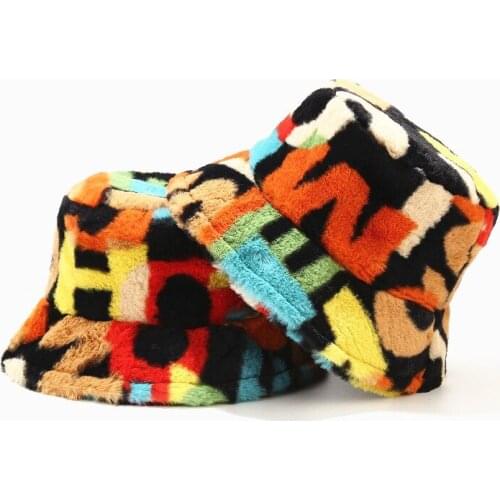 Thicken warm fisherman cap WInter female women colorful rainbow fur bucket hats Panama gorros