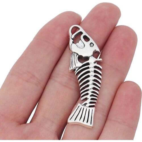 10 x Tibetan Silver Fish Bone Skeleton Cat Halloween 3D Charms Pendants for Necklace Jewelry Making 56x18mm