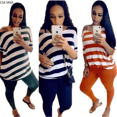 CM.YAYA Sport Women Two Piece Set Off Shoulder Stripes Tee Tops Pencil Jogger Sweatpants Suit Tracksuit Matching Set Outfit