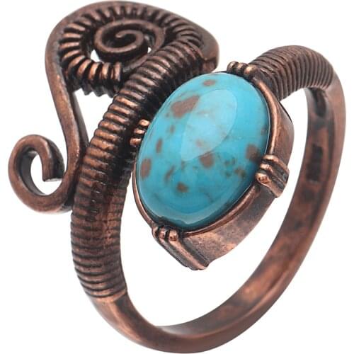 Ufooro Brass Bronze Vintage Ring Rose Gold Filled Fashion Blue Opal Exaggerated Round Finger Wedding Ring For Women Gift