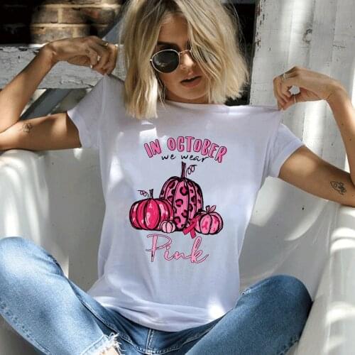 In October We Wear Pink Pumpkins Print T-shirts Women Summer Tops for Girls O Neck Woman Tshirts Fashion Aesthetic Clothes Femme